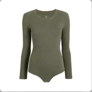 Nuuds Long Sleeve Ribbed Crewneck Bodysuit Olive - Medium